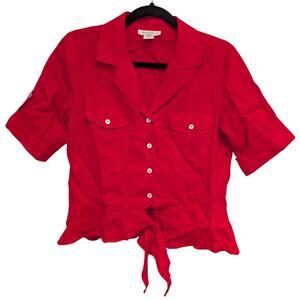 Vintage Red Linen Tie Front Blouse Womens Petite Medium Summer Retro Boho Y2K